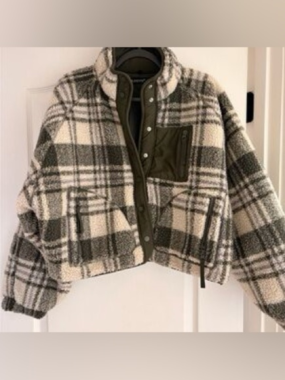 NWT Blank NYC Cream and Olive Plaid Teddy Sherpa Jacket